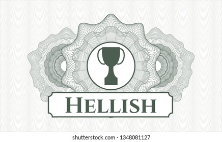 Green passport money style rosette with trophy icon and Hellish text inside