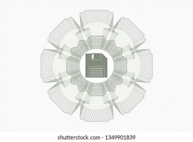 Green passport money style rosette with diskette icon inside