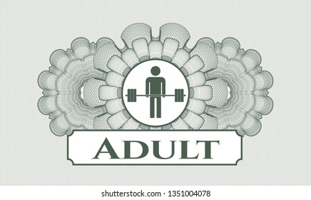 Green passport money style rosette with deadlift icon and Adult text inside