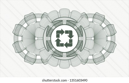 Green passport money style rosette with recycle icon inside