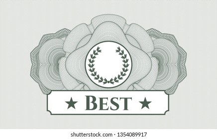 Green passport money style rosette with leaf crown icon and Best text inside