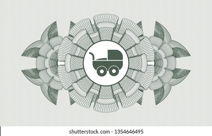 Green passport money style rosette with baby cart icon inside