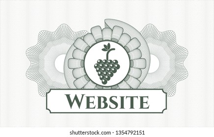 Green passport money style rosette with bunch of grapes icon and Website text inside