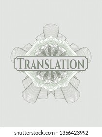 Green passport money style rosette with text Translation inside