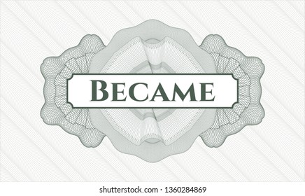 Green passport money style rosette with text Became inside