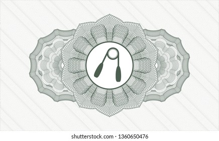 Green passport money style rosette with hand gripper icon inside