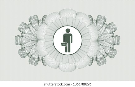 Green passport money style rosette with businessman holding briefcase icon inside
