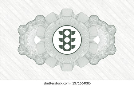 Green passport money style rosette with traffic light icon inside