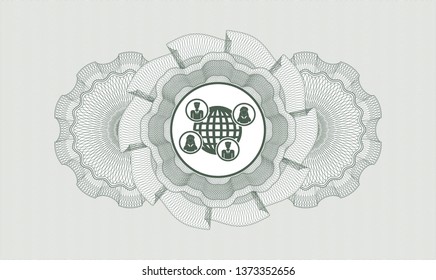 Green passport money style rosette with social network icon inside