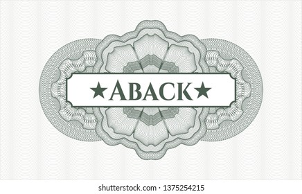 Green passport money style rosette with text Aback inside