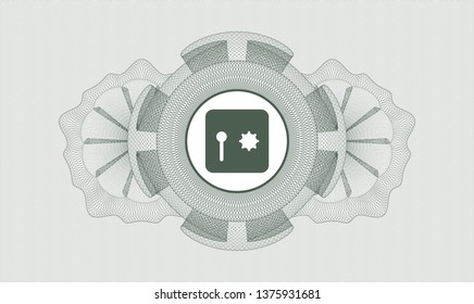 Green passport money style rosette with safe, safety deposit box icon inside