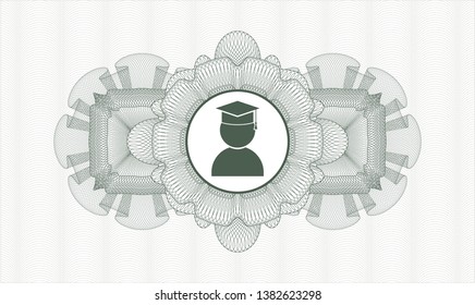 Green passport money style rosette with graduation icon inside