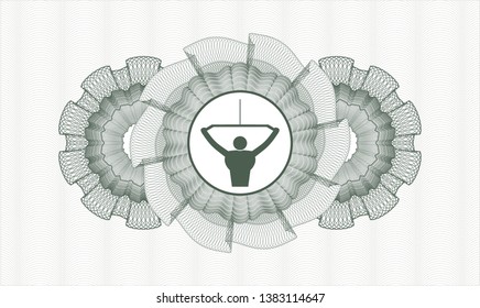 Green passport money style rosette with lat pull down, exercise icon inside