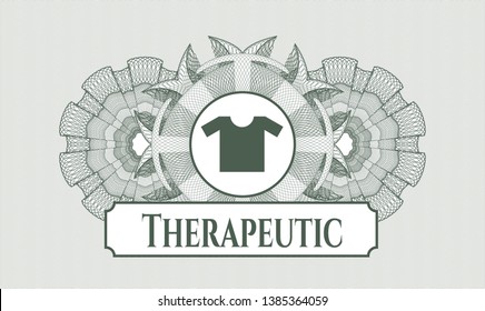 Green passport money style rosette with shirt icon and Therapeutic text inside