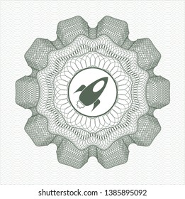 Green passport money style rosette with rocket icon inside
