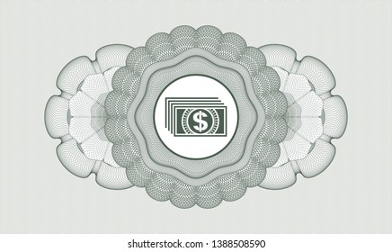 Green passport money style rosette with money icon inside