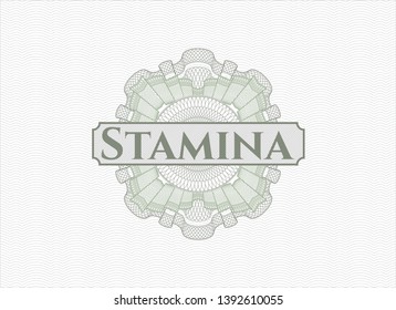 Green passport money style rosette with text Stamina inside