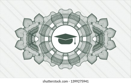 Green passport money style rosette with graduation cap icon inside