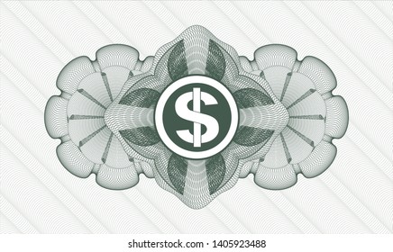 Green passport money style rosette with money icon inside