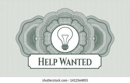 Green passport money style rosette with idea icon and Help Wanted text inside