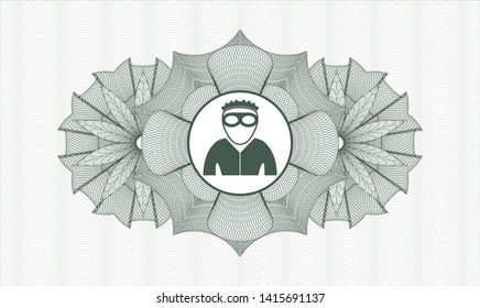Green passport money style rosette with thief icon inside