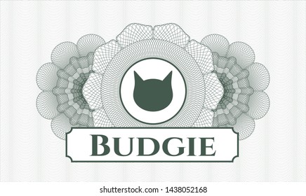 Green Passport Money Style Rosette With Cat Face Icon And Budgie Text Inside