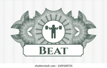 Green passport money style rosette with squat icon and Beat text inside