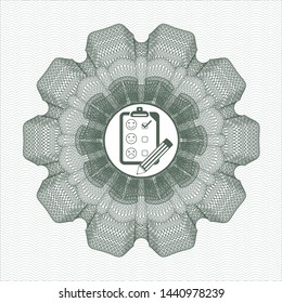 Green passport money style rosette with customer feedback icon inside