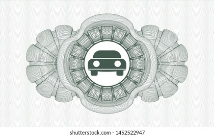 Green passport money style rosette with car seen from front icon inside