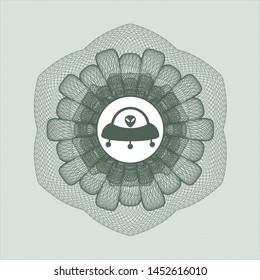 Green passport money style rosette with ufo with aline inside icon inside