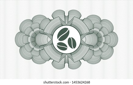 Green passport money style rosette with coffee bean icon inside