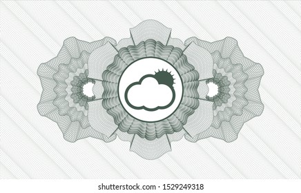 Green passport money style rosette with sun behind cloud icon inside