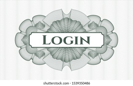 Green passport money style rosette with text Login inside