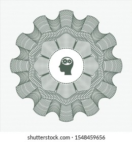 Green passport money style rosette with head with gears inside icon inside