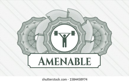 Green passport money style rosette with weightlifting icon and Amenable text inside