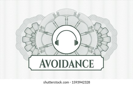 Green passport money style rosette with headphones icon and Avoidance text inside
