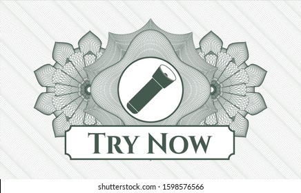Green passport money style rosette with flashlight icon and Try Now text inside