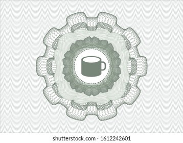 Green passport money style rosette with coffee cup icon inside