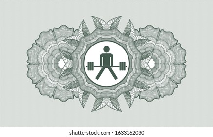 Green passport money style rosette with sumo deadlift icon inside