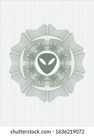 Green passport money style rosette with alien icon inside