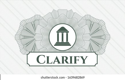 Green passport money style rosette with bank icon and Clarify text inside
