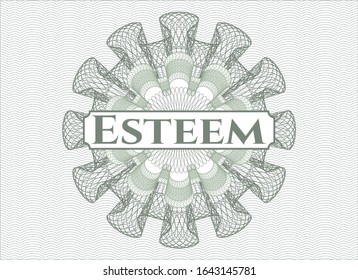 Green passport money style rosette with text Esteem inside