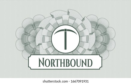 Green passport money style rosette with pickaxe icon and Northbound text inside