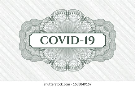Green passport money style rosette with text COVID-19 inside
