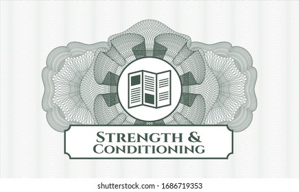 Green passport money style rosette with brochure icon and Strength and Conditioning text inside