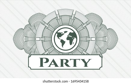 Green passport money style rosette with earth icon and Party text inside