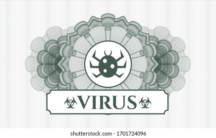 Green passport money style rosette with bug icon and Virus text inside