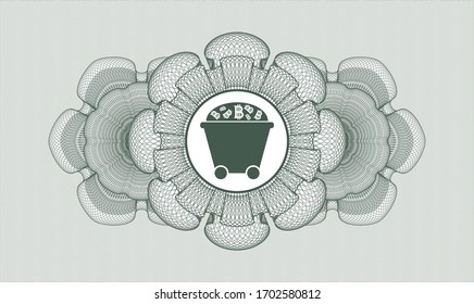 Green passport money style rosette. Vector Illustration. Detailed with Bitcoin mining trolley icon inside