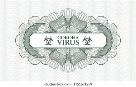 Green passport money style rosette. Vector Illustration. Detailed with text Coronavirus inside
