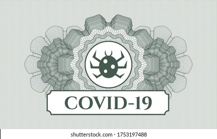 Green passport money style rosette. Vector Illustration. Detailed with bug icon and COVID-19 text inside